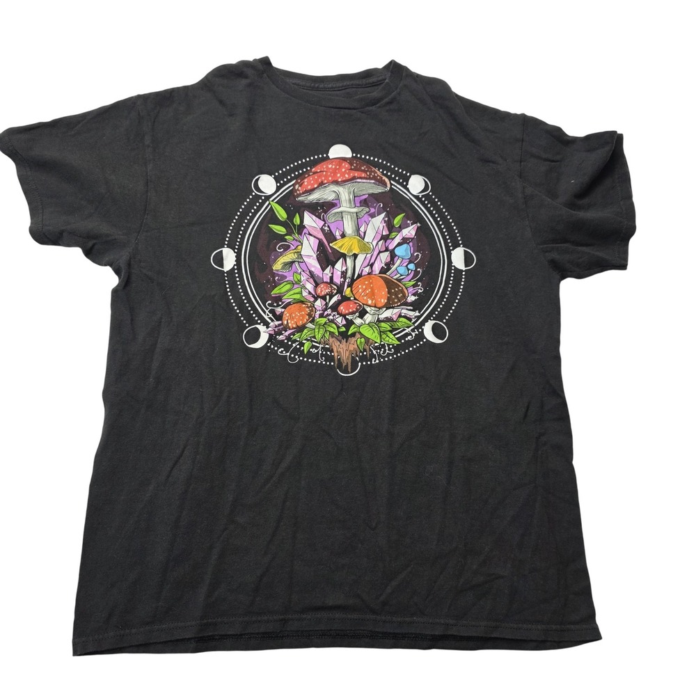 Threadless Shirt Mens Large Black Mushroom Crystal Moon Phases Graphic Tee Art